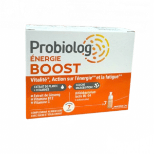 PROBIOLOG ENERGIE BOOST ADULTE agit sur la vitalité grâce au Ginseng, sur l’énergie et la fatigue grâce aux vitamines B12 et C, et sur l’immunité grâce au zinc.