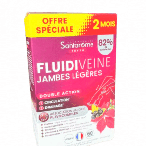 FLUIDIVEINE SANTAROME DEUX MOIS a une double action : circulation + drainage , grace a l'association unique Flavocomplex : diosmine, hespéridine, rutine