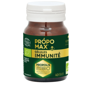 Propomax immunité des Laboratoires Lehning à l'extrait de propolis pure bio (30%) contiennent un mélange breveté de propolis verte et brune.