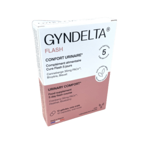 Gyndelta Flash est un complément alimentaire à base de plantes ( cranberry, bleuet et bruyère) favorisant le confort urinaire.