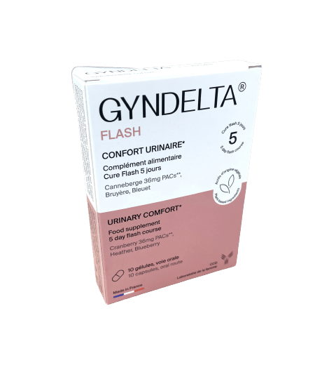Gyndelta Flash est un complément alimentaire à base de plantes ( cranberry, bleuet et bruyère) favorisant le confort urinaire.