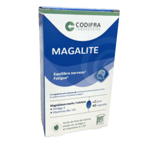 MAGALITE CODIFRA apporte du magnésium et de la vitamine B6 al du système nerveux . Le complexe est également composé de calcium et vitamine D