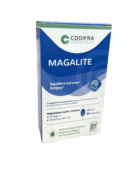 MAGALITE CODIFRA apporte du magnésium et de la vitamine B6 al du système nerveux . Le complexe est également composé de calcium et vitamine D