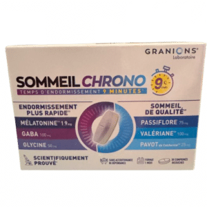 GRANIONS SOMMEIL CHRONO MELATONINE  se présente sous forme de comprimés bicouches permettant de réduire le temps d'endormissement .