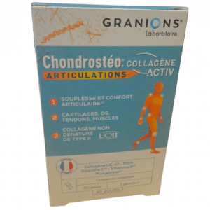 CHONDROSTEO COLLAGÈNE ACTIV formule pour aider à maintenir un fonctionnement normal des articulations (cartilages, os, tendons, et muscles).