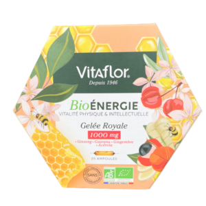 VITAFLOR BIO ÉNERGIE  associe de la gelée royale dosée à 1 000 mg a du ginseng du gingembre et du guarana pour faire le plein d’énergie .