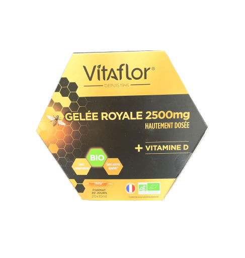 VITAFLOR GELÉE ROYALE 2500 MG vous offre une formule premium avec un très haut dosage en gelée royale*. Un concentré nutritif enrichie en Vitamine D3
