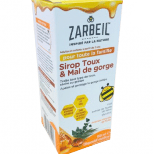 ZARBEIL SIROP TOUX  sa formule à partir de miel, d'extrait de feuille de lierre et de glycérol. Permet de traiter la toux grasse ou sèche .