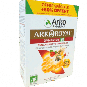 ARKOROYAL DYNERGIE BIO 30 AMPOULES est un complexe booster d’énergie. Il contient du Ginseng aux propriétés fortifiantes et stimulantes