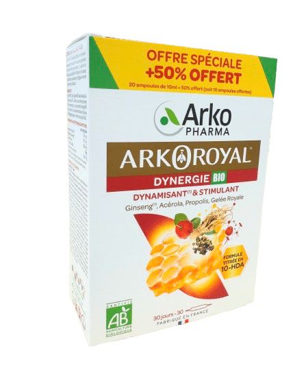 ARKOROYAL DYNERGIE BIO 30 AMPOULES est un complexe booster d’énergie. Il contient du Ginseng aux propriétés fortifiantes et stimulantes