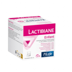 LACTIBIANE ENFANT est un complément alimentaire destiné à apporter aux enfants cinq souches microbiotiques , ainsi que de la vitamine D3.