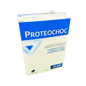 PROTEOCHOC  est un complément alimentaire à base de Porphyral HSP, un ingrédient issu d’une algue alimentaire, d'huile de bourrache et de vitamine E.