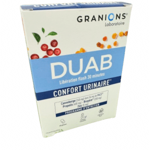 GRANIONS DUAB FLASH Cette composition associe deux ingrédients, un extrait de canneberge (Vaccinium macrocarpon) et de la propolis.