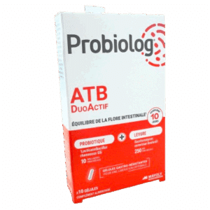 PROBIOLOG  ATB DUOACTIF se compose d’un duo d’actifs complémentaires, dont le probiotique Lacticaseibacillus rhamnosus GG qui contribue à l’équilibre de la flore intestinale .
