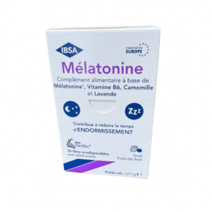 MÉLATONINE FILM TEC IBSA  1mg est un complément alimentaire à base de Mélatonine, de Vitamine B6, de Camomille et de Lavande.