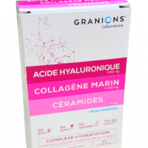 GRANIONS COMPLEXE HYDRATATION PEAU  améliore le taux de collagène et d’acide hyaluronique de la peau ainsi que son hydratation .