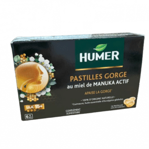 HUMER PASTILLES GORGE MIEL MANUKA  Une formule naturelle à base de miel de Manuka , d'huile essentielle d'Eucalyptus globulus et de guimauve.