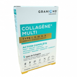 xGRANIONS COLLAGENE MULTI  Enrichi en vitamines, minéraux et biotine, ce complément offre une action complète pour la santé de la peau, des articulations, des cheveux, des muscles et des os.