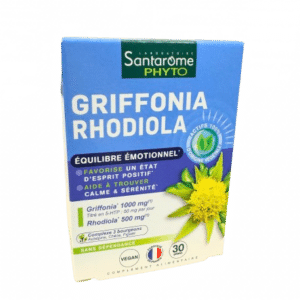 GRIFFONIA RHODIOLA SANTAROME permet d'apaiser le stress émotionnel et favorise un état d'esprit positif. Idéal pour ceux qui ont une baisse de moral,