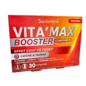 VITA MAX BOOSTER COMPRIMÉS  SANTAROME  donne un effet coup de fouet ,énergie toute la journée ,riche en vitamines et minéraux, caféine et taurine .