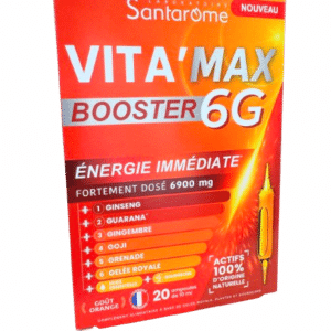  VITA MAX BOOSTER 6 G SANTAROME donne une énergie immédiateréduit la fatigue et aide à la performance et favorise la concentration