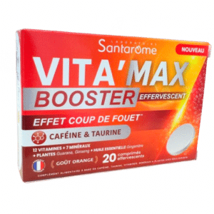 VITA MAX BOOSTER EFFERVESCENT SANTAROME  donne un effet coup de fouet ,énergie toute la journée ,riche en vitamines et minéraux, caféine et taurine .