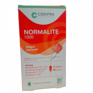 NORMALITE 1000 FATIGUE CODIFRA  est composé de ginseng, de magnésium, des vitamines C, B2, B3, B5, B6, B9 et B12 qui aident à diminuer la fatigue.