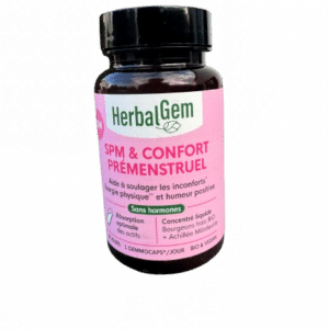 HERBALGEM SPM & CONFORT MENSTRUEL  pour traiter les inconforts et les désagréments avant vos règles tels que des douleurs au dos ou au ventre .