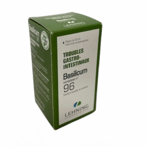 LEHNING COMPLEXE BASILICUM 96  utilise traditionnellement  dans le traitement homéopathique des troubles gastro-intestinaux (ballonnements, spasmes digestifs, diarrhées).