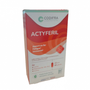 CODIFRA ACTYFERIL FER FATIGUE contient principalement du fer qui participe à la formation normale de globules rouges et d’hémoglobine .