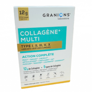 GRANIONS COLLAGENE MULTI P POUDRE  offre une action complète pour la santé de la peau, des articulations, des cheveux, des muscles et des os.