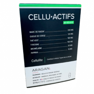 ARAGAN CELLUACTIFS ( 60 gélules ) contribue à réduire l'aspect de la cellulite et favoriser l'élimination grace aux extraits de cerise et de raisin .