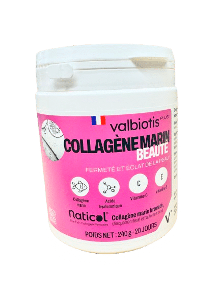 VALBIOTIS PLUS COLLAGENE BEAUTE  en agissant avec l'acide hyaluronique et les antioxydants, il contribue à ralentir les signes du vieillissement cutané,