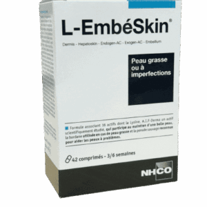 NHCO L EMBESKIN PEAU GRASSE  complément alimentaire pour peaux grasses et à imperfections. Zinc, vitamines B2 et B8. Améliore l'aspect de la peau grasse.
