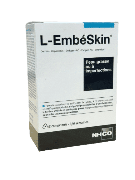 NHCO L EMBESKIN PEAU GRASSE  complément alimentaire pour peaux grasses et à imperfections. Zinc, vitamines B2 et B8. Améliore l'aspect de la peau grasse.
