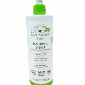 ALPHANOVA MOUSSANT 3 EN 1 BIO. lave le corps, les cheveux et fait mousser le bain. 98% d'origine naturelle, est enrichie en eaux florales bio .