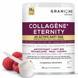 GRANIONS COLLAGÈNE ETERNITY ANTIOXYDANT ANTI AGE associe 20 actifs anti-âge et antioxydants, organisés en 4 complexes synergiques :