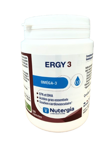 NUTERGIA ERGY 3 OMEGA 3 est une association originale d’huiles natives de poissons sauvages de qualité garantie ,riches en acides gras oméga-3 (EPA et DHA
