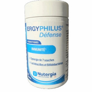 NUTERGIA ERGYPHILUS DEFENSE apporte une synergie de 7 souches probiotiques et de vitamine C pour le soutien des défenses naturelles.