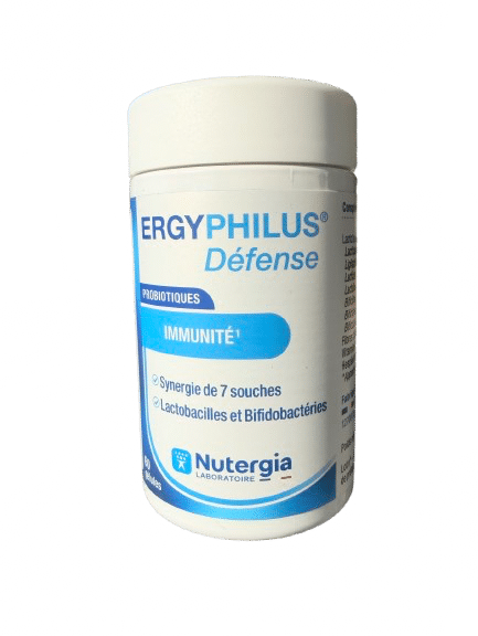 NUTERGIA ERGYPHILUS DEFENSE apporte une synergie de 7 souches probiotiques et de vitamine C pour le soutien des défenses naturelles.